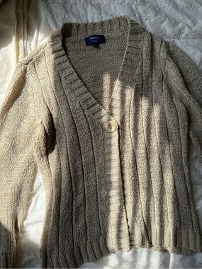 Beige Rib-Knit V-Neck Cardigan Sweater